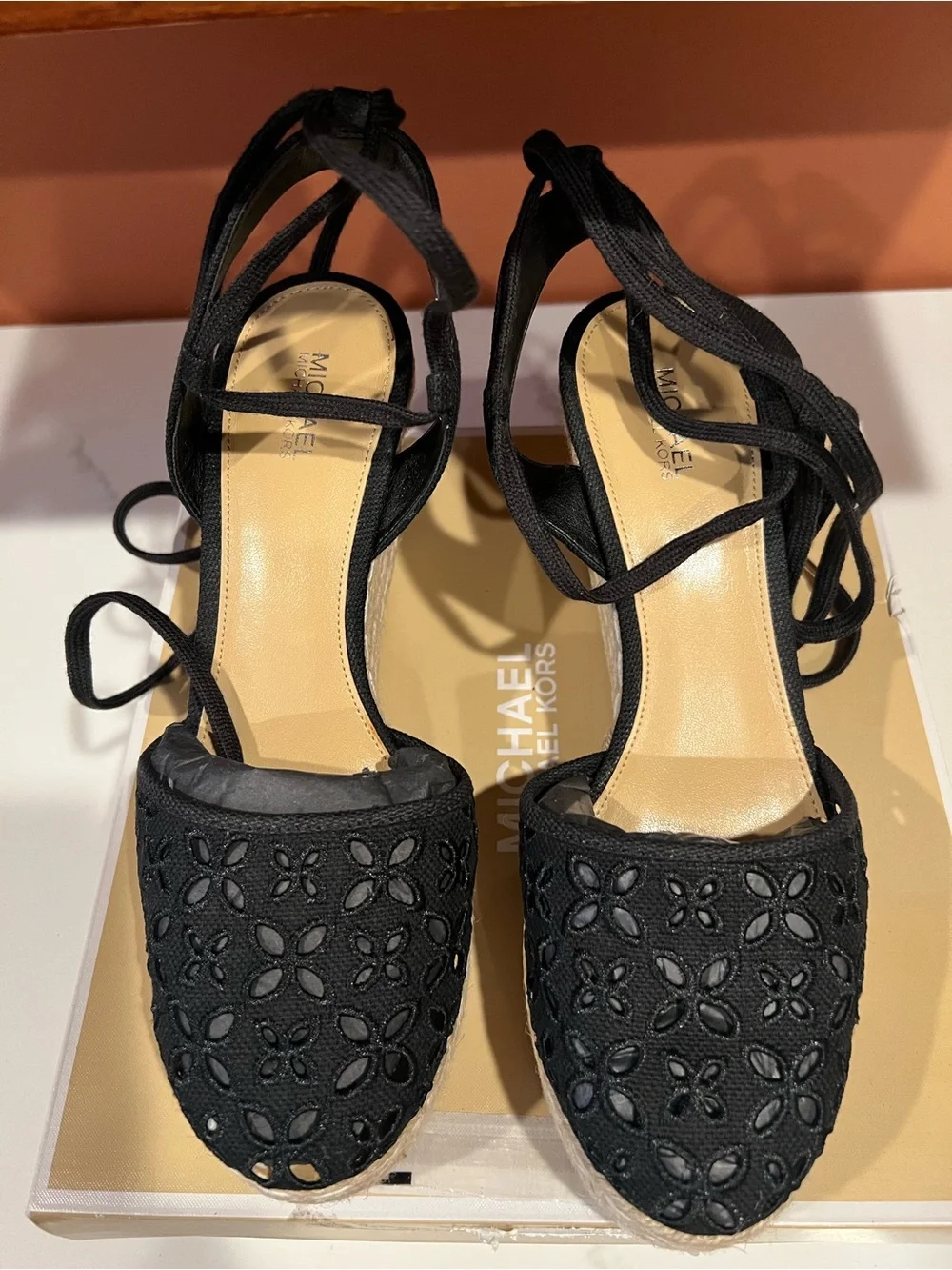 Michael Kors Black Floral Lace Espadrille Wedge Sandals with Ankle Tie